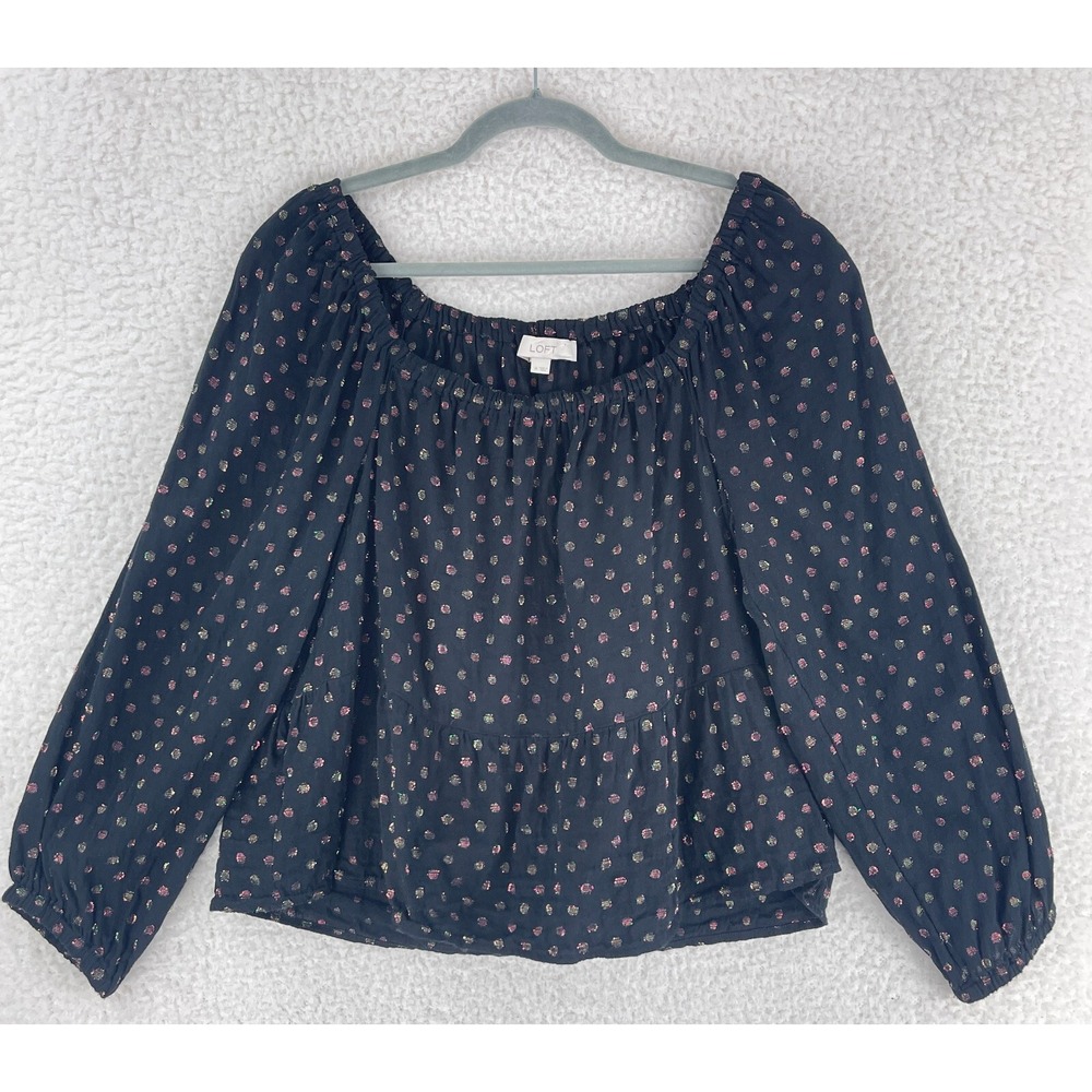 LOFT Black Shimmer Dot Shirt Womens Square Neck Peplum Long Sleeve‎ Size Medium